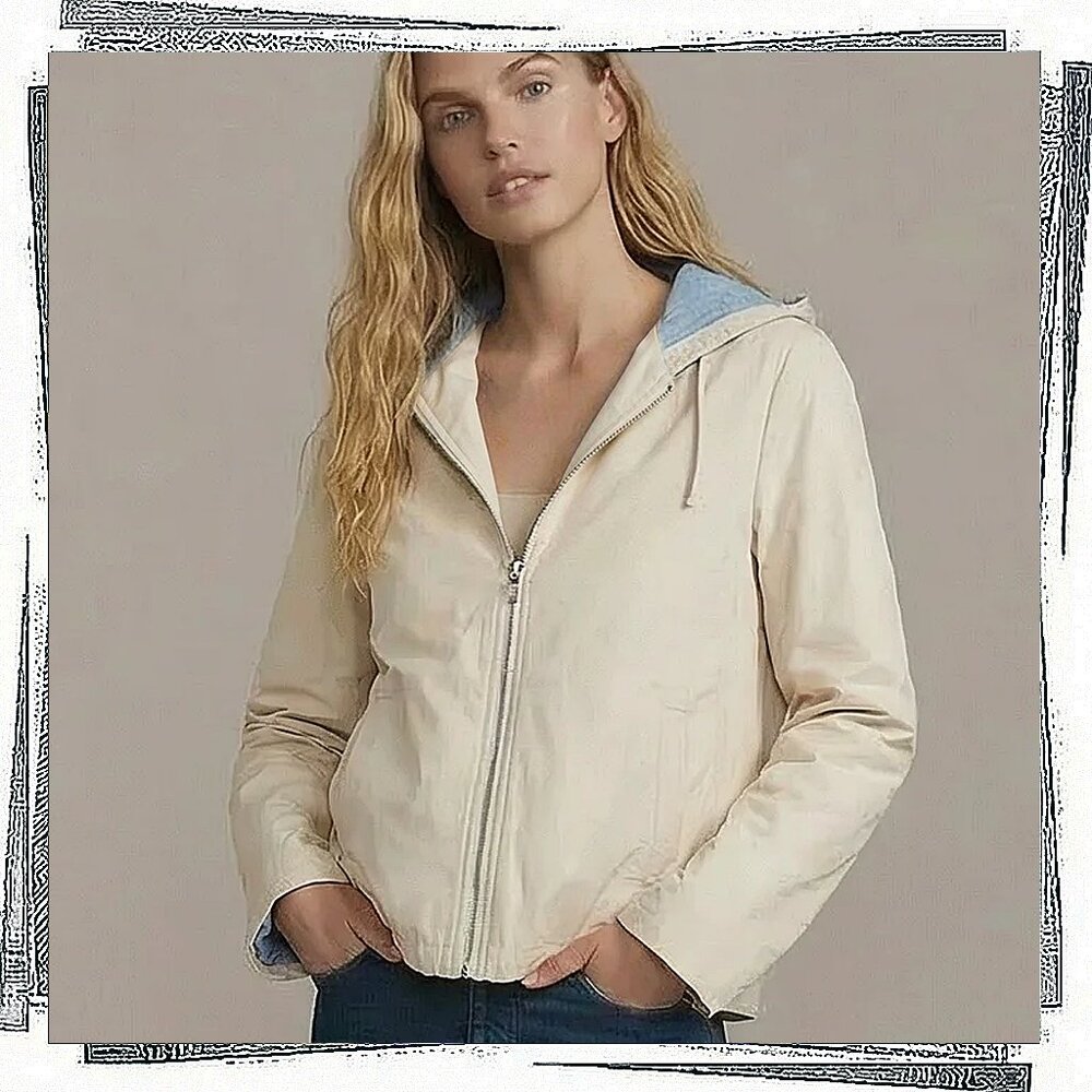 Lightweight Cream Wind Breaker / Rain Jacket with Blue Lining (XS) by Ann Taylor